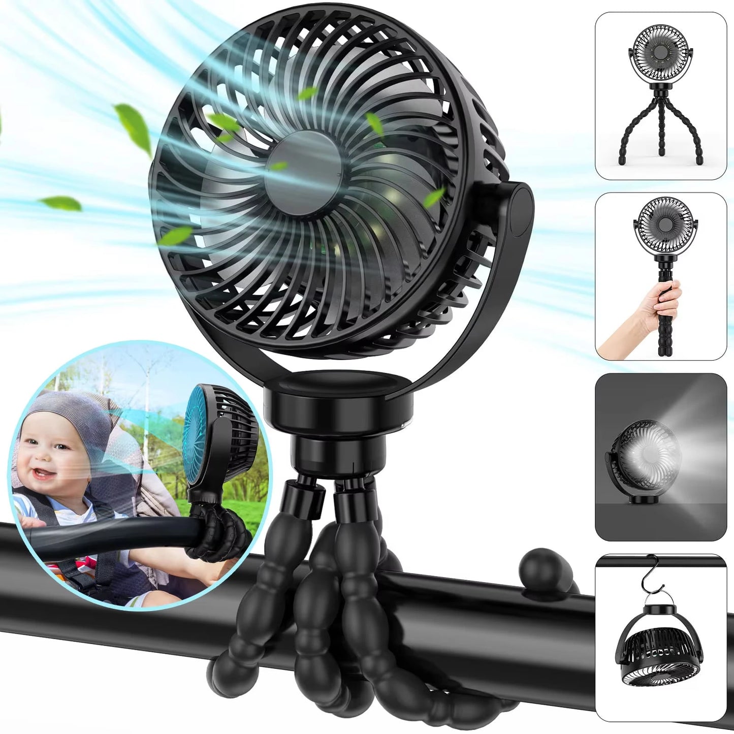 Baby 3 Speeds Stroller Mini Fan With Light Portable USB Charging Fan Mobile Phone Holder Stroller Accessories Baby Newborn Items